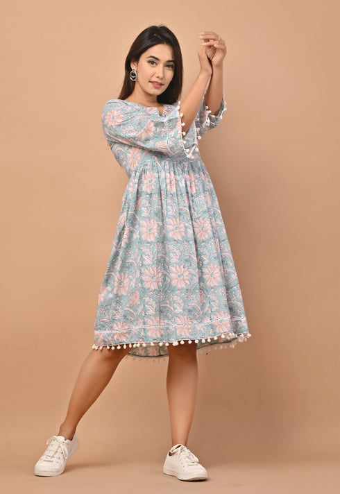 Starling Blue Hand Block Print Pure Cotton Dress (CRD10)